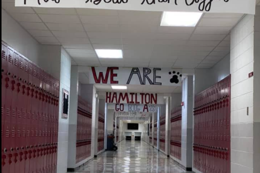 Hamilton High School hallway with school spirit banners
